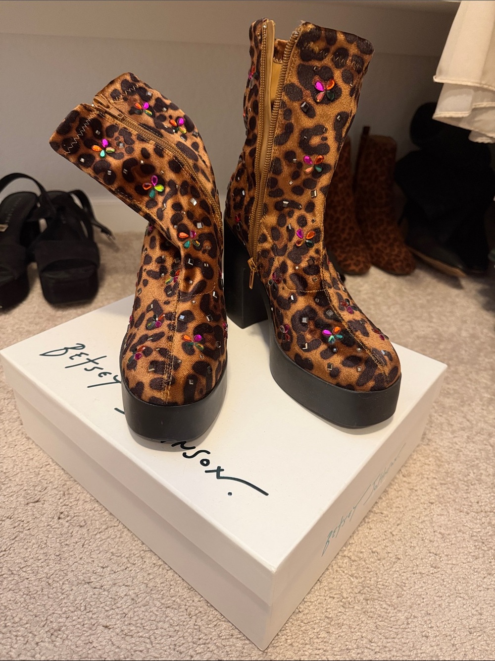 Betsey Johnson Leopard Print Platform Ankle Boots with Multicolor Studs